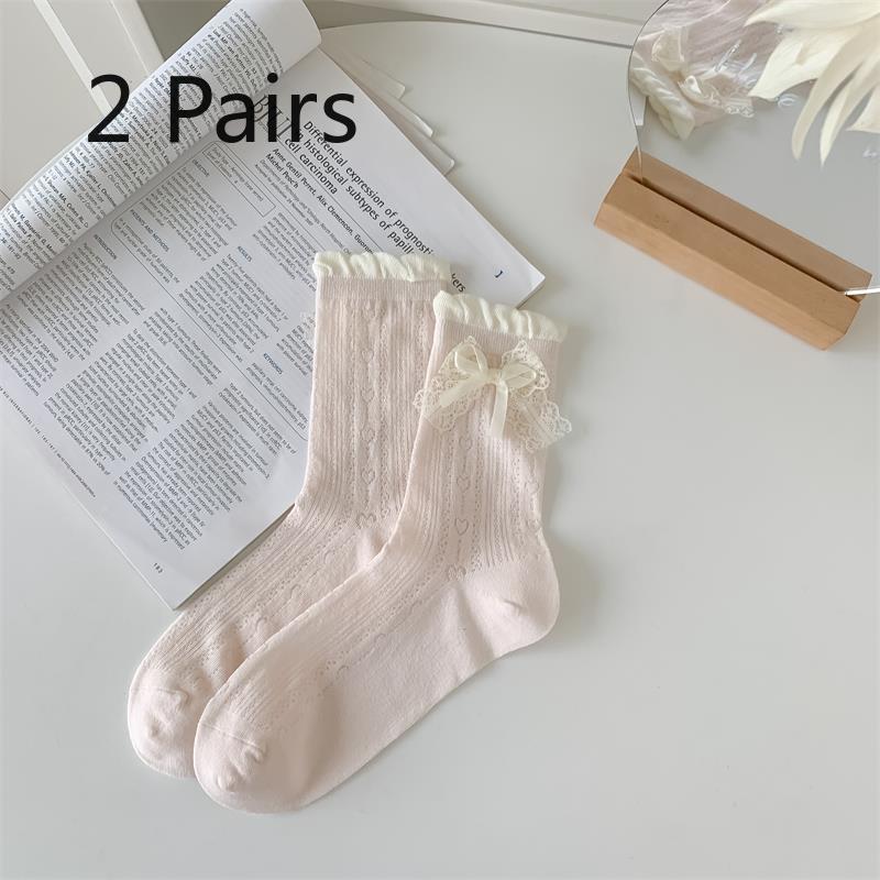 

2 Pairs of Cream-colored Lace-trimmed, Ruffled, Bow-shaped Breathable Mesh Stockings with Open Tops, Sweet Style. 2 pairs рожевий