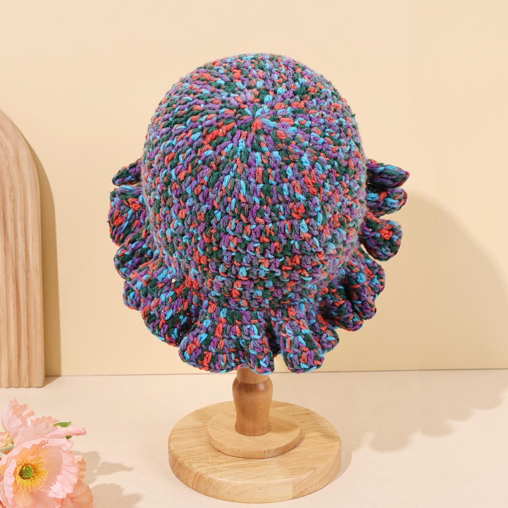 Autumn/winter Warm Handmade Knitted Mixed Color Lotus Leaf Edge Knitted Basin Hat Woolen Fisherman Hat