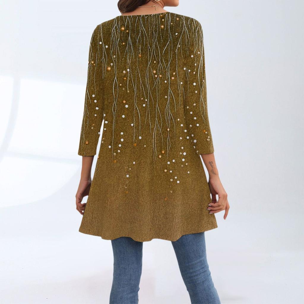 Damenmode Lässig Dreiviertelärmel Lang Blumenmuster Rundhals Oberteil