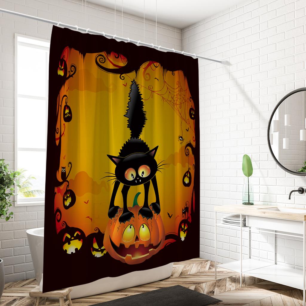 1 Piece 180x180cm Orange Pumpkin Black Cat Print Halloween Shower Curtain Partition Bathroom Waterproof and Mildew Proof
