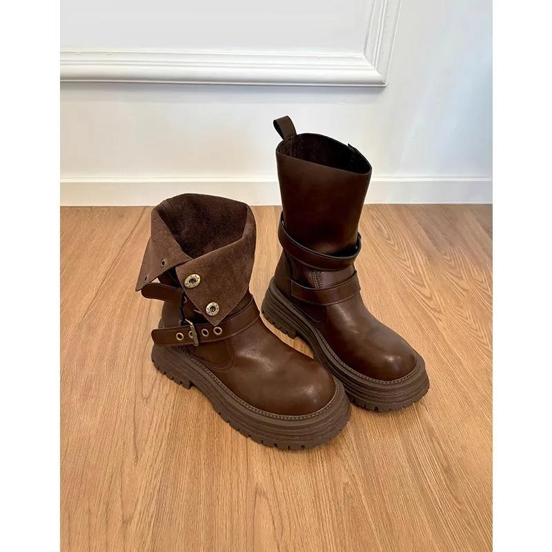 Fashion Platform Heel Mid Calf Boots Women Fashion Ladies Side Zippers Knight Boots 2025 New Autumn Winter Women's Thick Bottom Shoes