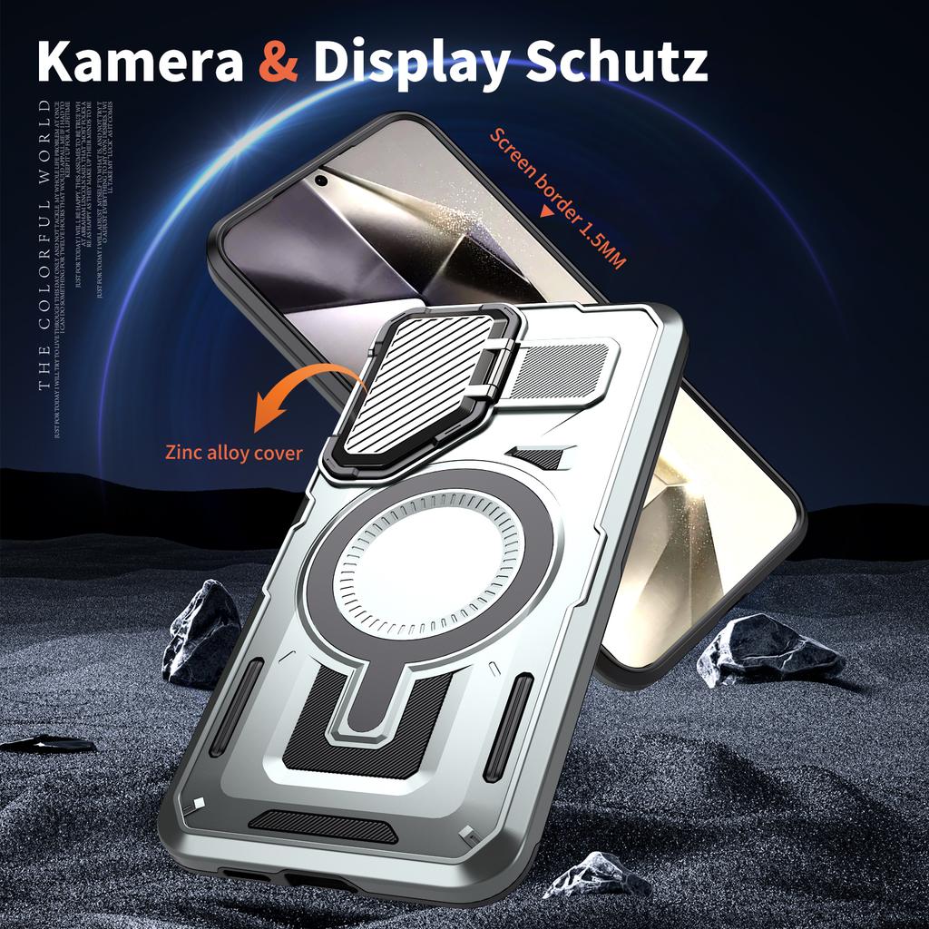 For Samsung Galaxy S25+/S24+ Case Compatible with MagSafe Lens Lid Kickstand PC+TPU Back Cover