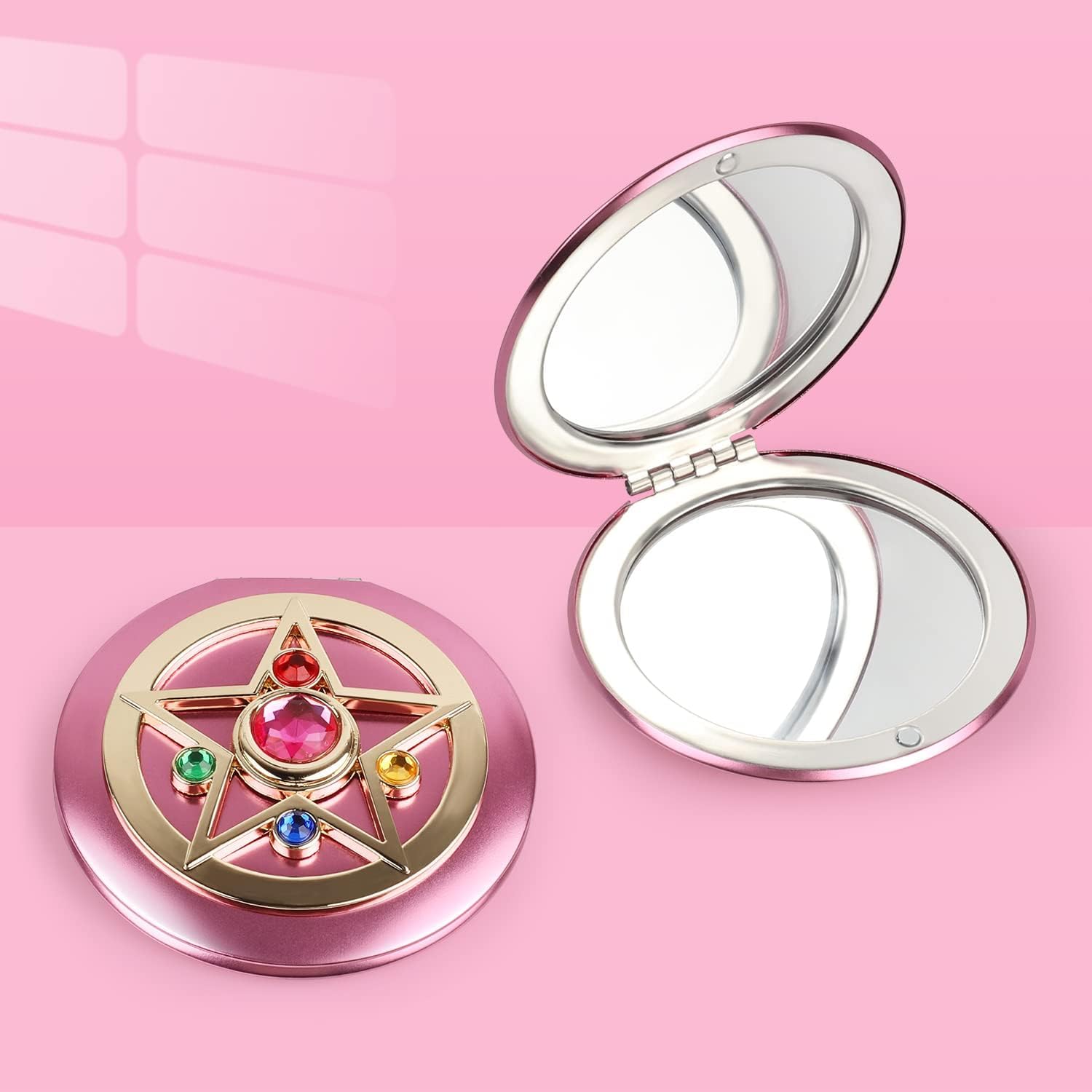 

Portable Makeup Flat Mirror Magnifying Clamshell Foldable Metal Sailor Moon Crystal Star Perfect for and Parties J-ouuo Mirror, Double-Sided + Glass, розовый