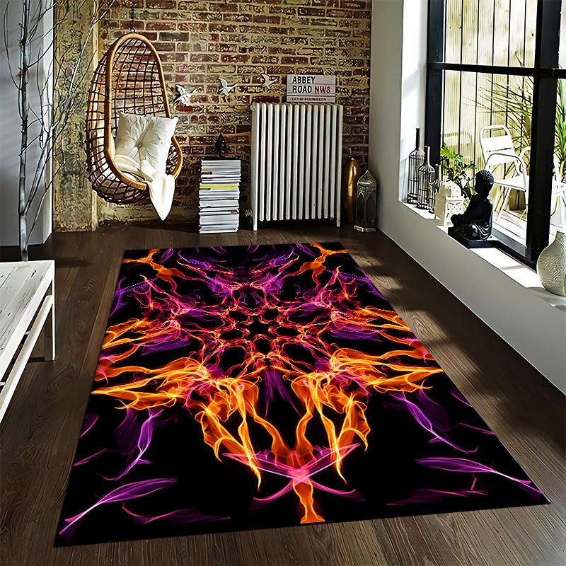 Abstract Fire Pattern Area Rug with Black Background, Home Decor Carpet Suitable for use as an anti-slip for living room bedroom sofas