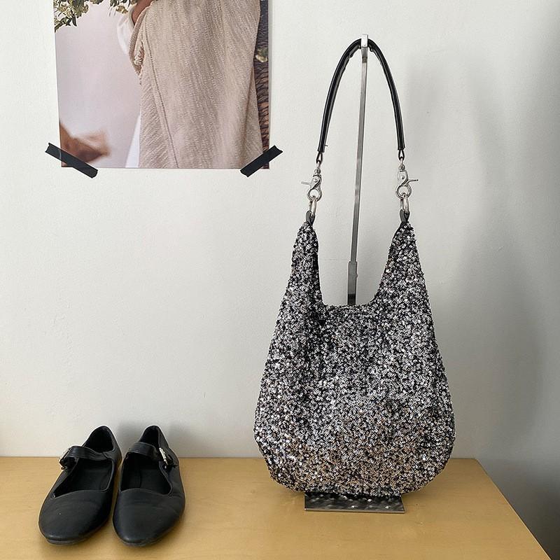 

Korean Fashionable Casual Shiny Large-capacity Shoulder Bag Women s 2025 Light Luxury Niche High-end Beaded Tote чёрный