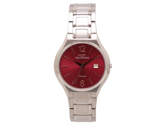 

TECHNOS Watch T9B45IR Men s Silver Titanium Band Case Red Dial Date Indicator