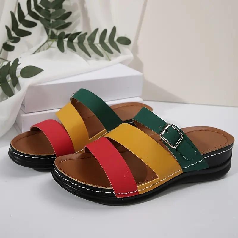 Large size wedge slippers women's new one-word drag fashion color matching belt buckle fish mouth cool slippers