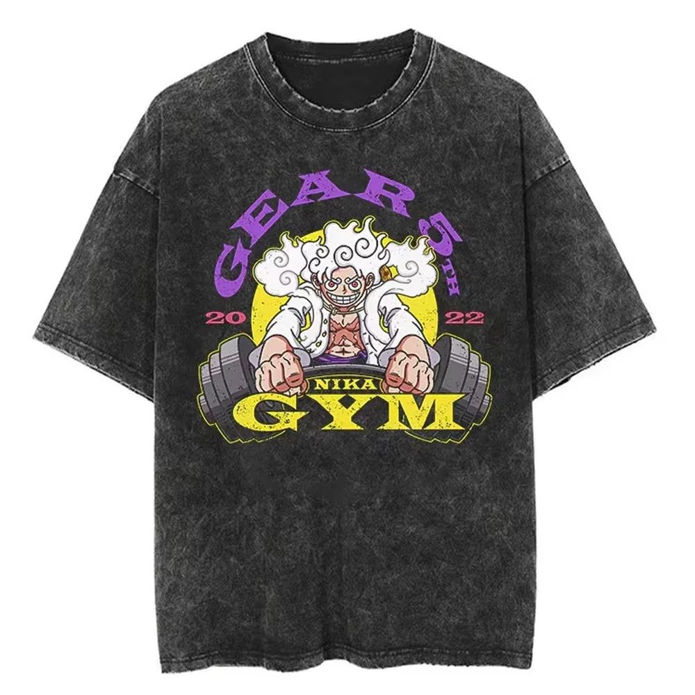 Nika Luffy Gear  ONE PIECE Anime Harajuku Retro Washed Tshirt  Cotton Men Streetwear Women Short Sleeves Unisex Top