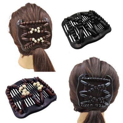 1/4Pcs Women Wooden Beaded Hair Combs Handmade Stretch Double Side Clips Salon Combs Bun Maker Hair Accessories