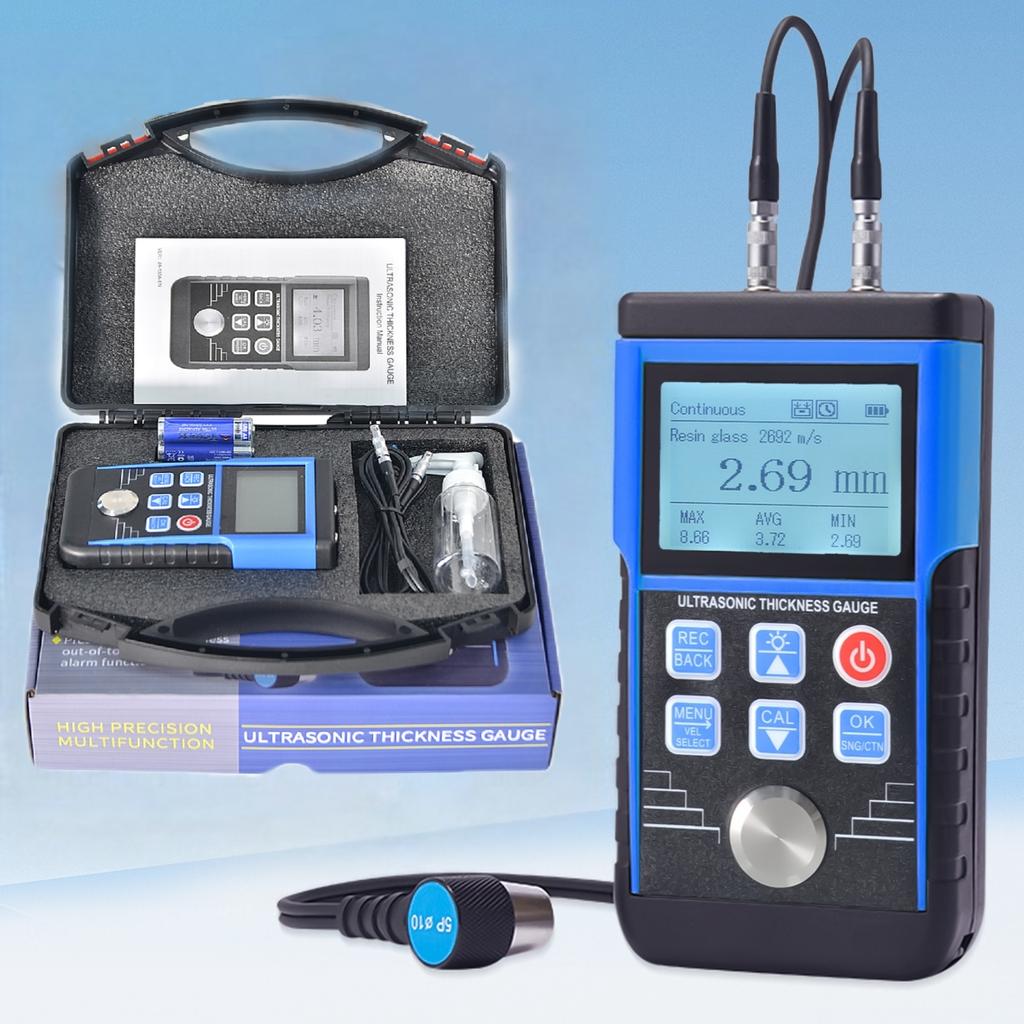 Ultrasonic Thickness Gauge 0.8-500mm 0.01mm Resolution Handheld for Metal/Steel with Sound Velocity Measurement Data Storage