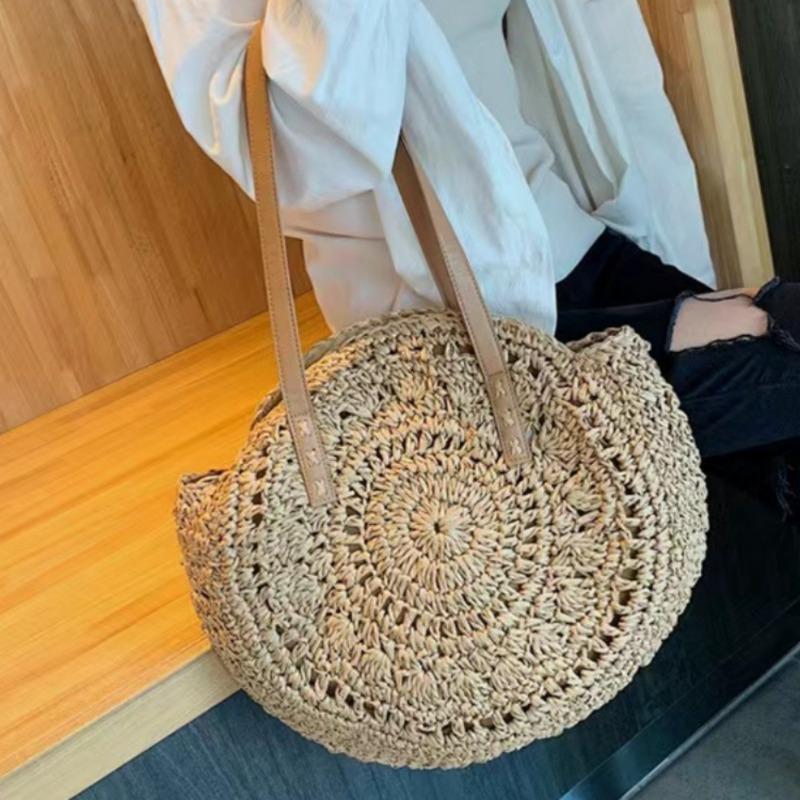 Versatile Shoulder Round Straw Bag Hand-woven Bag Large Capacity Portable Tote Bag Seaside Vacation Beach Bag