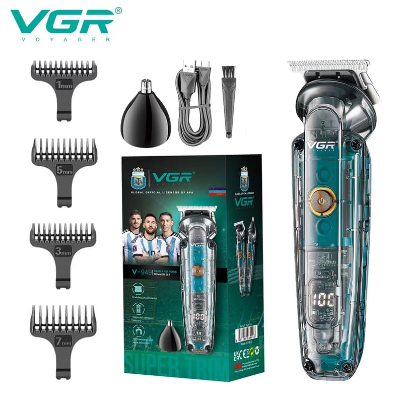 VGR Wireless Hair Clipper Rechargeable Digital Display Hair Clipper Hair Salon Household Waterproof Electric Hair Clipper Transparent Body