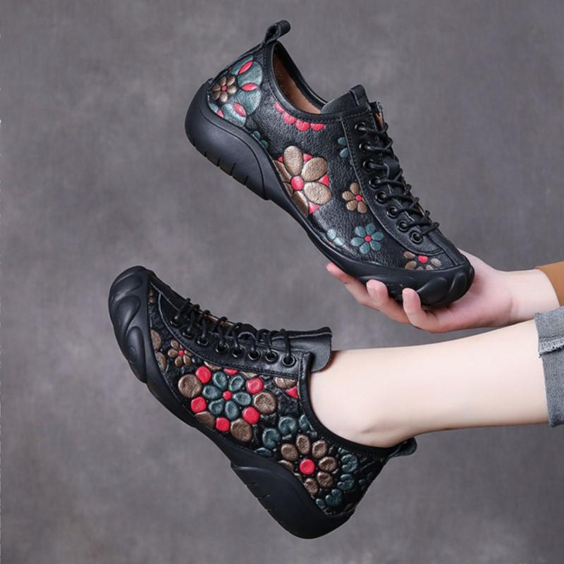 Johnature Ethnic Style Retro Handmade Genuine Leather Soft Soled Shoes Cowhide Lace-up Women's Flat Shoes