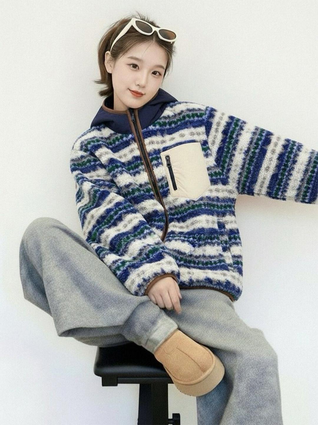 Women s Hooded Blue Fair Isle Lambswool Eco-Fur Coat - Petite, Short, Plush Winter Jacket L синий
