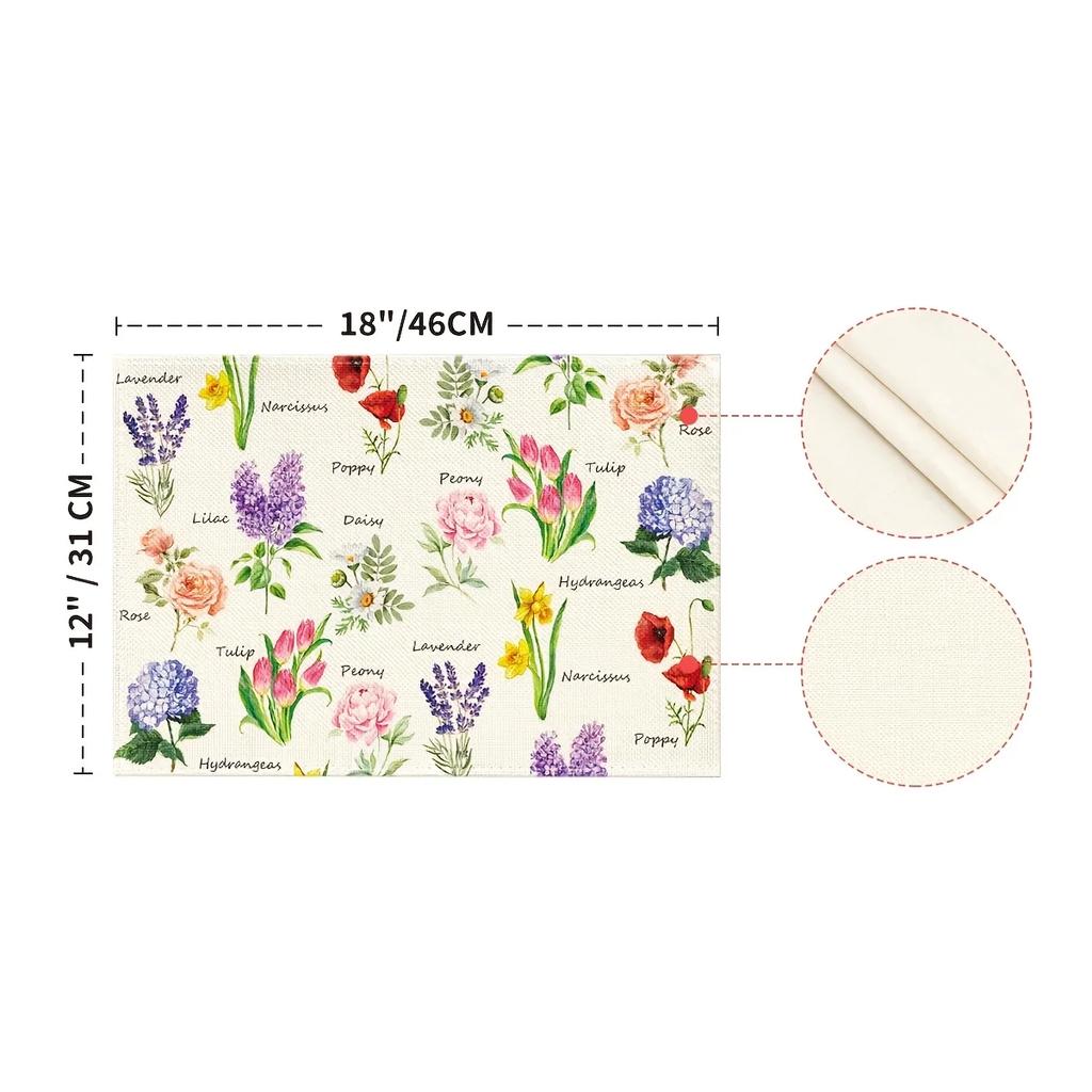 4PC Spring Floral Placemats, Woven Rectangular Table Mats, Machine Washable, Decorative