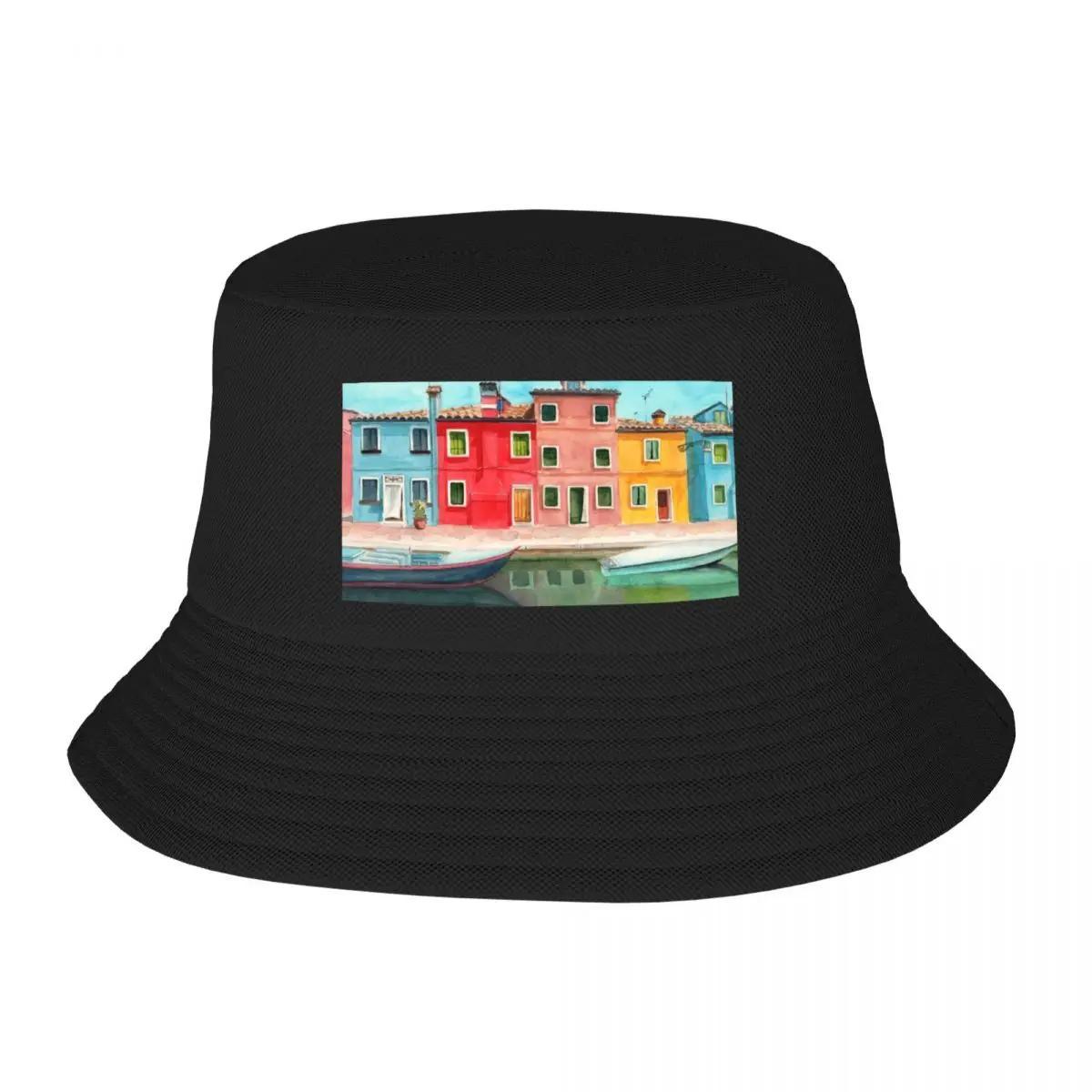 

Watercolor Burano quarter in Venice Bucket Hat birthday Designer Hat Caps Male Women s