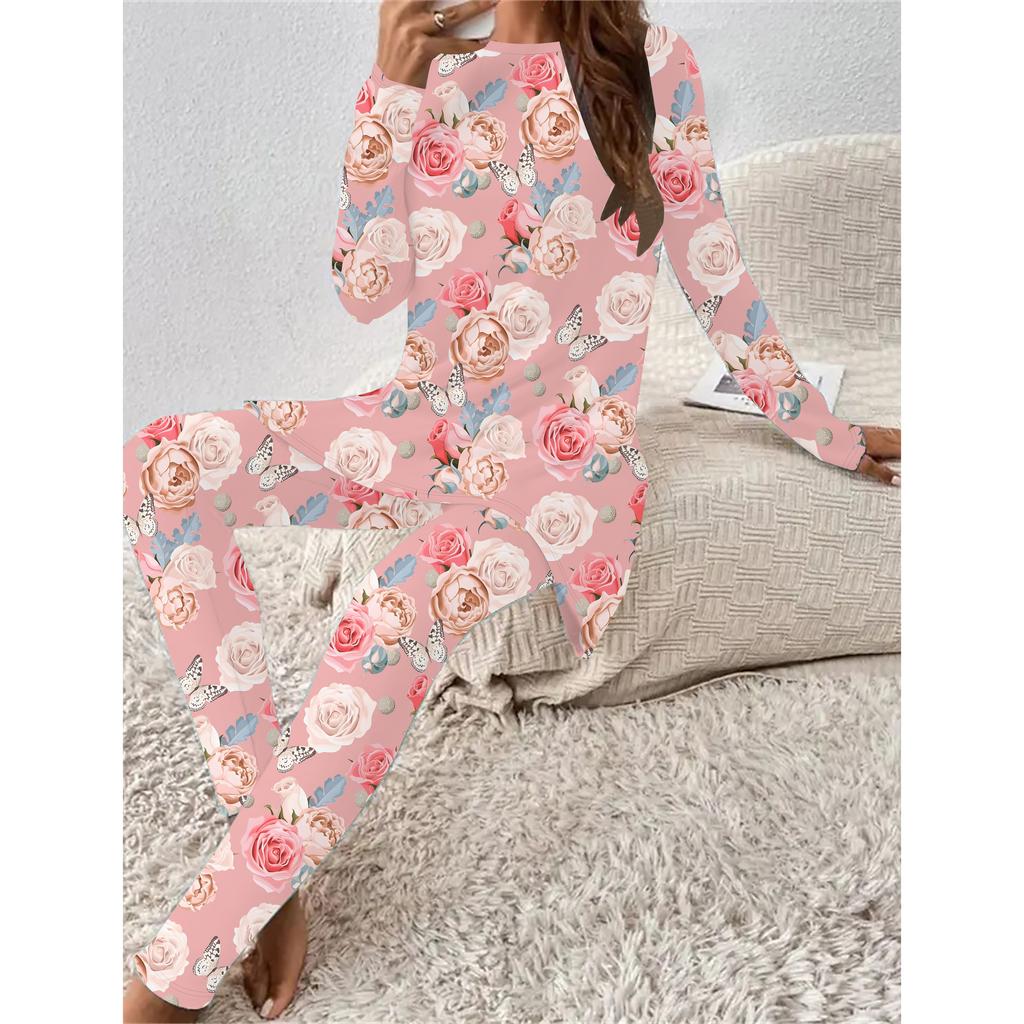 Euroamerikanische Mode 3D Blumendruck Damen Vier-Jahreszeiten Langarm T-Shirt + Lange Hose Zweiteiliges Set. Das perfekte Geschenk für Neujahr