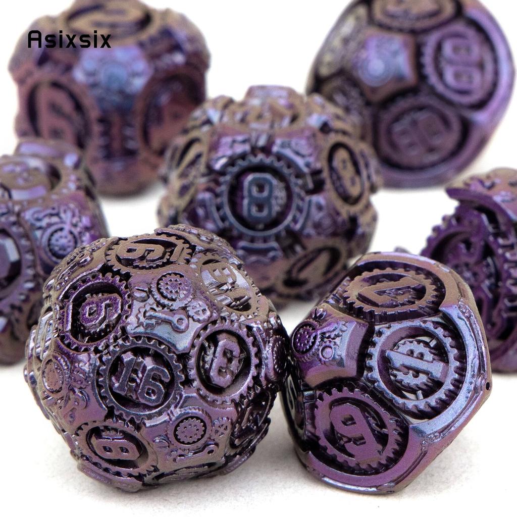 7-teiliges violett-schwarzes Zahnrad-Metallwürfel-Set aus solidem polyedrischem Metall, geeignet für Rollenspiele, RPG-Brettspiele, Kartenspiele