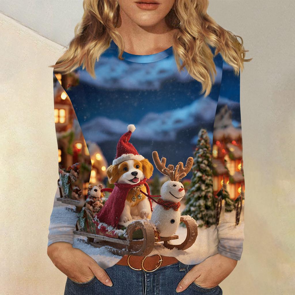 Langermede skjorter for kvinner Søt trykk grafisk t-skjorte Bluser Uformell Pluss størrelse Basic Topper Pullover