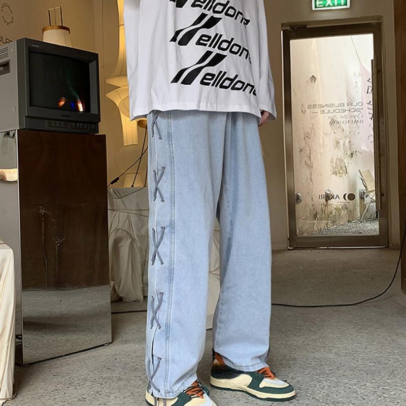 Cross Ribbon Jeans Men's Baggy Denim Pants Y2K Gothic Streetwear Korean Clothing Male Trousers