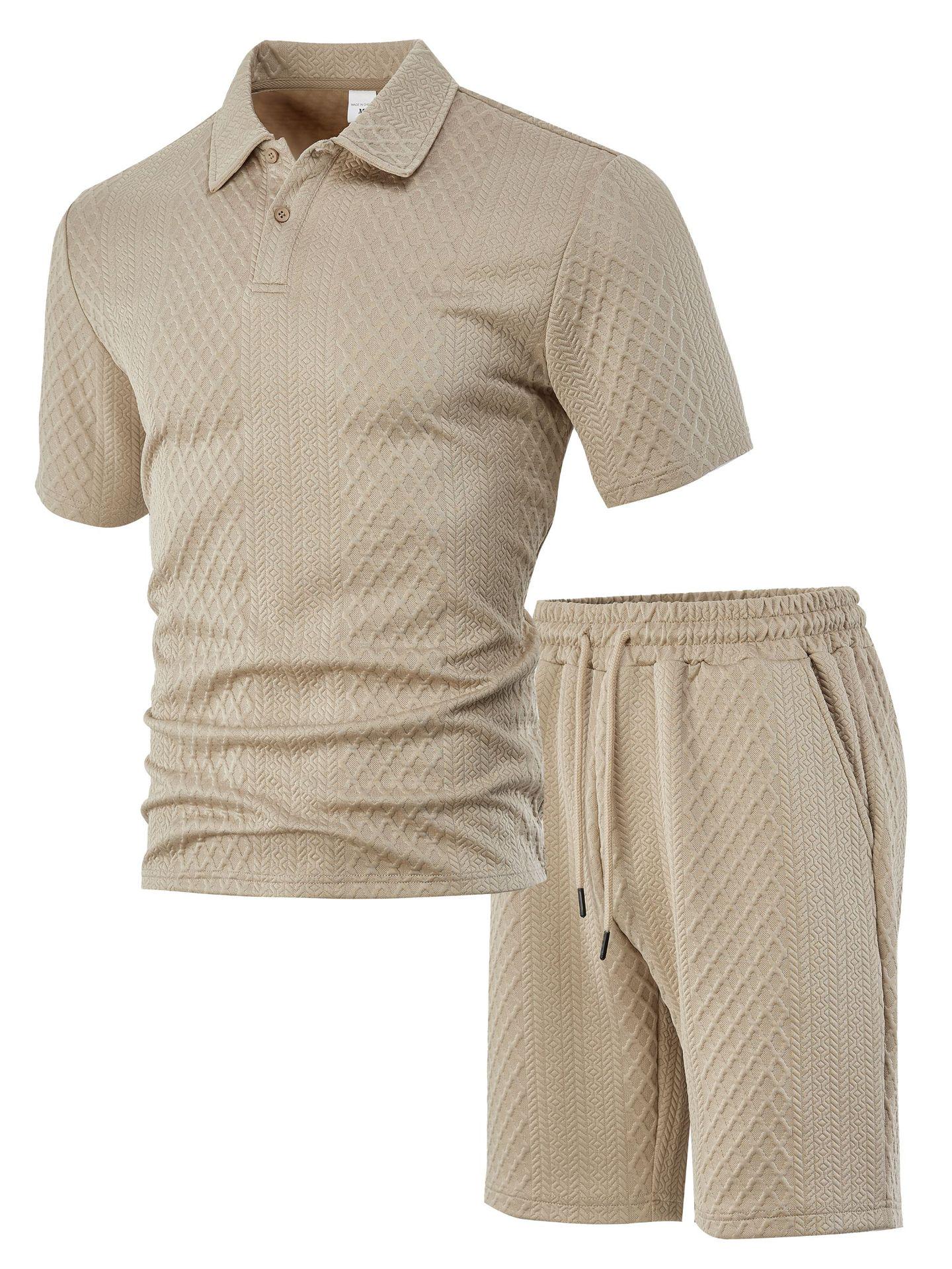 Europäisches & Amerikanisches Herren Sommer Jacquard POLO-Shirt und Shorts Set XL khaki