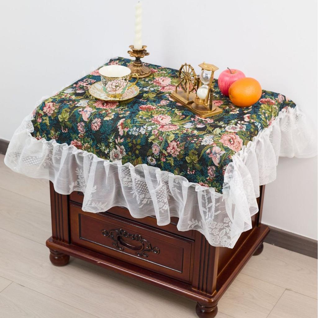Tablecloth Jacquard Green Rose Oil Painting Plant Outdoor Tablecloth Lace Ruffle Coffee Machine Cover