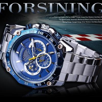 FORSININGF Herren Automatische Mechanische Uhr, Leuchtend, Tag-Datum, Drei Zifferblätter, Sechs Zeiger, Edelstahlarmband.