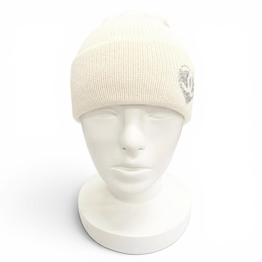 Great CHANEL Knit cap COCO Mark Heart Rhinestone Knit Hat white cashmere Women Used