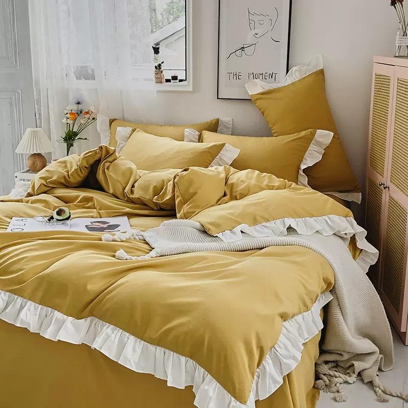 

Ins Princess Style Bedding Set For Woman Cute Girl Solid Color Ruffles Duvet Cover Queen King Bed Sheet Bed Skirt Pillow Covers Flat Bed Sheet&Single Cover 150x200 жёлтый