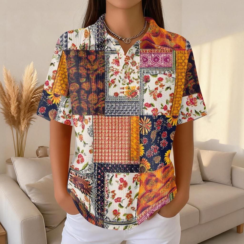 Damen Lässiges Kurzarm Waffelstrick Poloshirt Knopfleiste Patchwork Blumenprint Leichtes Oberteil