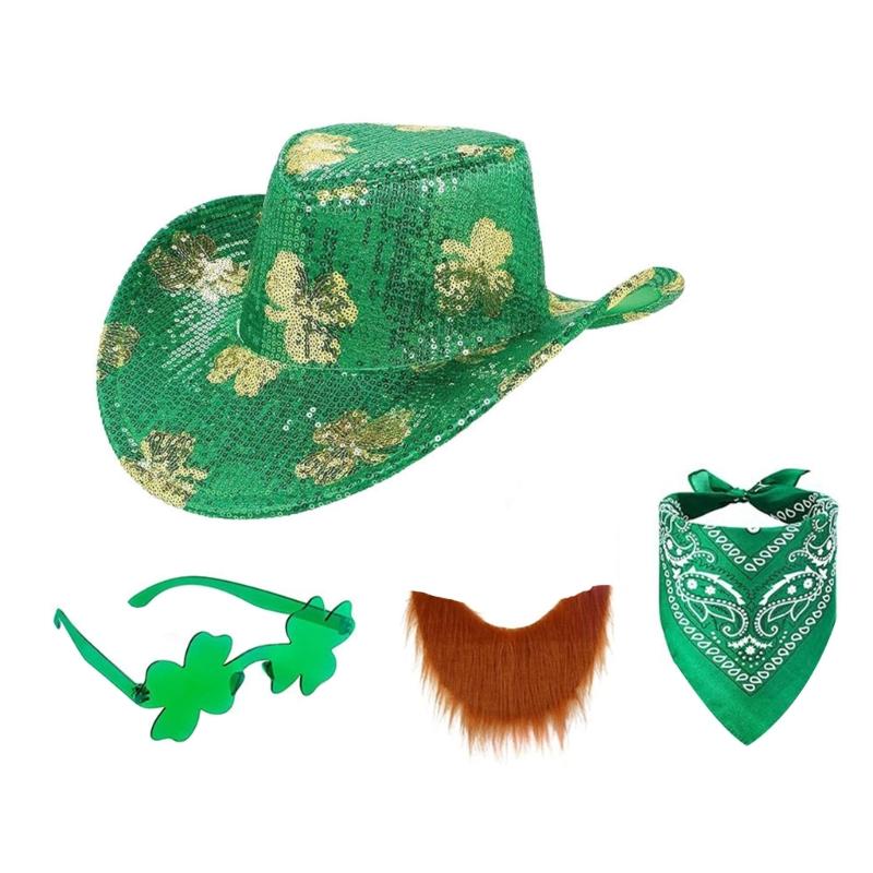 

3pcs Light Up Patrick s Day Cowboy Hat LED Sequins Clovers Hats with Adjustable Chin Straps for Party Costume 1