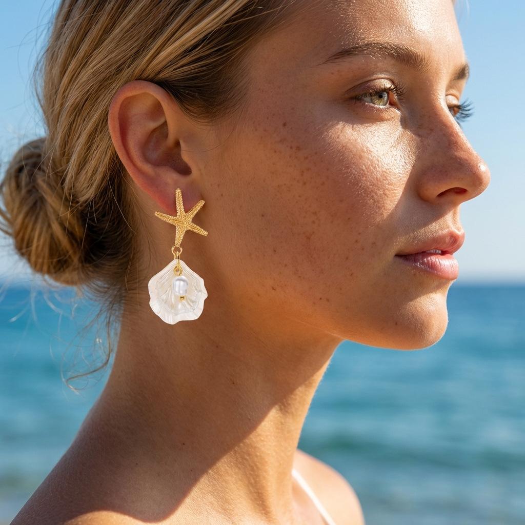 Women's Earrings Beach Resort Style Starfish Pearl Shell Pendant Earrings Creative Exquisite Shell Earrings