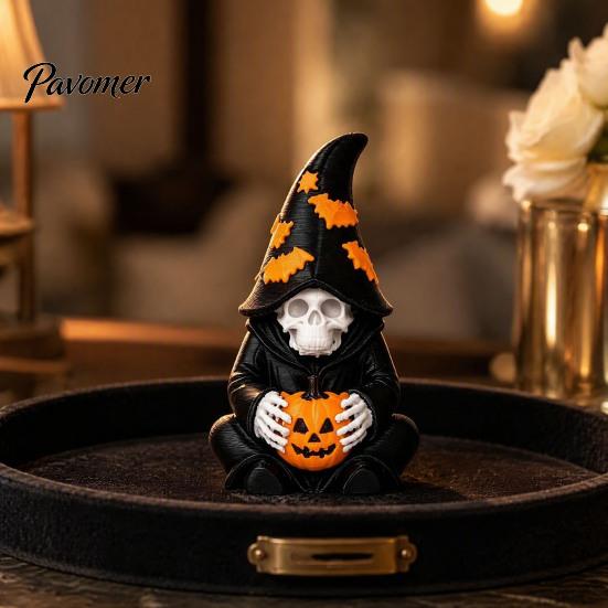 Small Stable Gothic Figures Halloween Skeleton Wizard Figurine, 3D Printed Statue with Bat Hat Pumpkin Pumpkin& Hat, Bookshelf And Tabletop