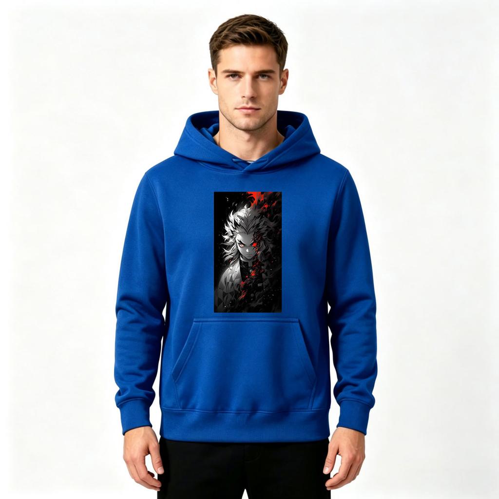 Men Anime Demon Slayer Rengoku Print Pullover Hoodie Casual Long Sleeve Streetwear Sweatshirt
