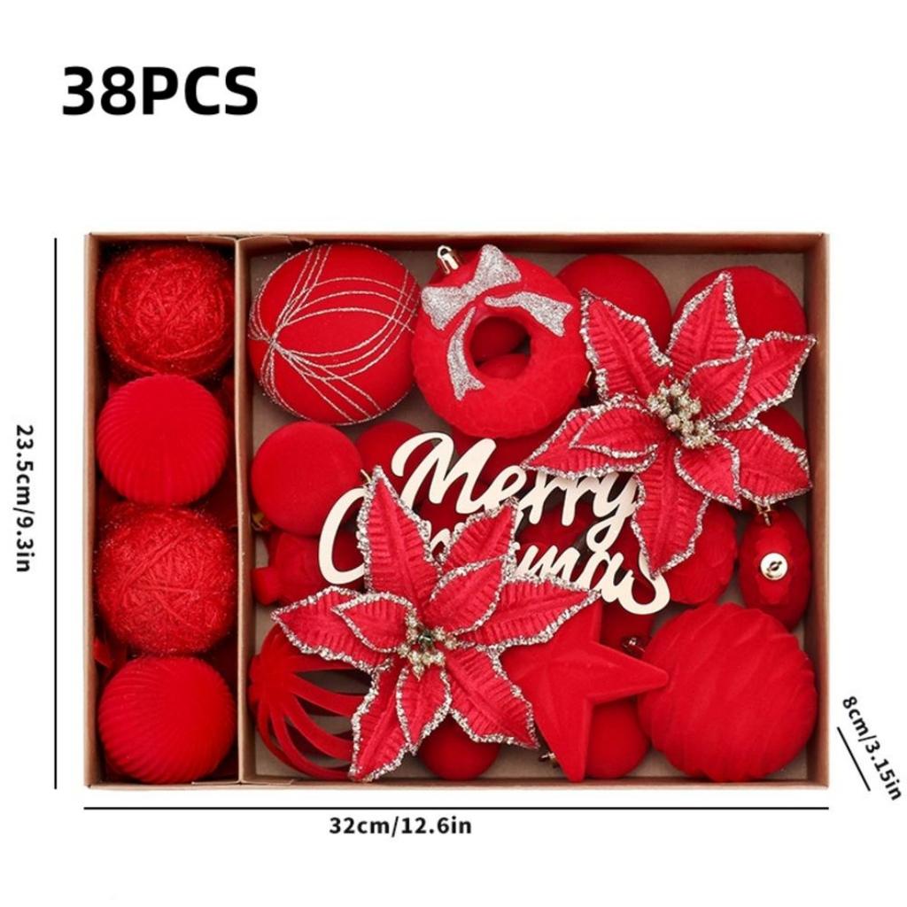 Christmas Decorations 38PCS Flocked Christmas Flowers Christmas Ball Set Christmas Tree Ornaments Velvet Christmas Ball