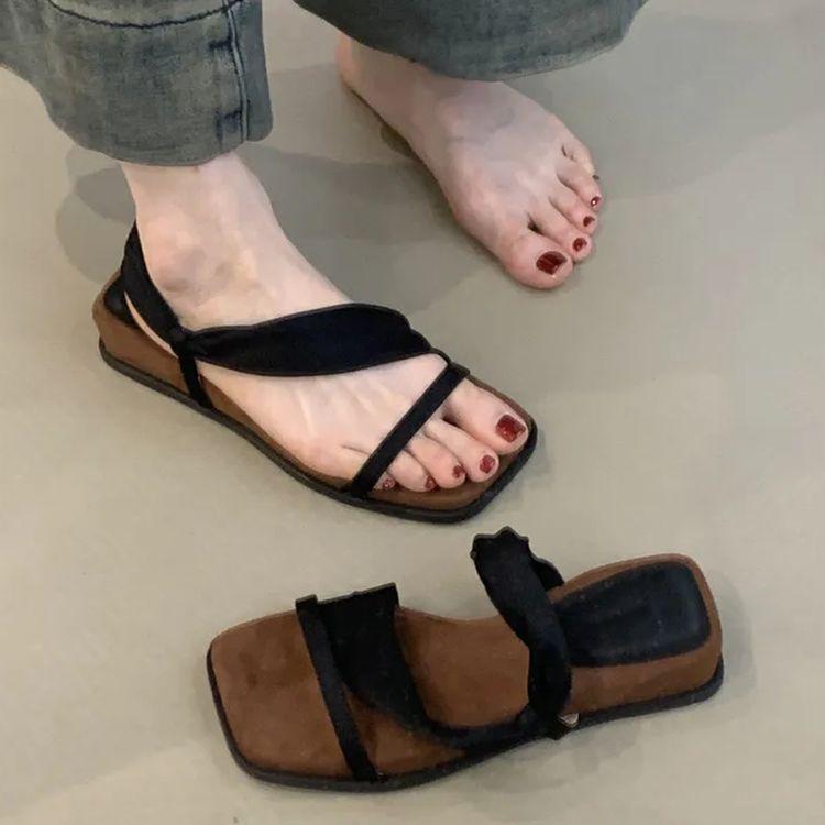 2025 New Thick-soled Square Head with Two Sandals, Women's Open-toed Simple Beach Vacation Wind Non-slip Cool Slippers