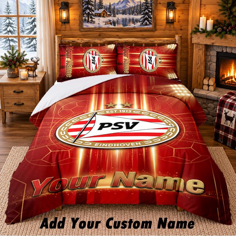 PSV Eindhoven FC Pattern Bedding 3Pcs Set Custom Name, Bed Sheet And Pillowcases For Home Bedroom