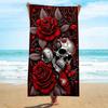 Rote Rose und Totenkopf Kunst Strandtuch, Gotisches Blumendesign Schnelltrocknendes Sandfreies Mikrofaser Badetuch für Strand und Sommerpool