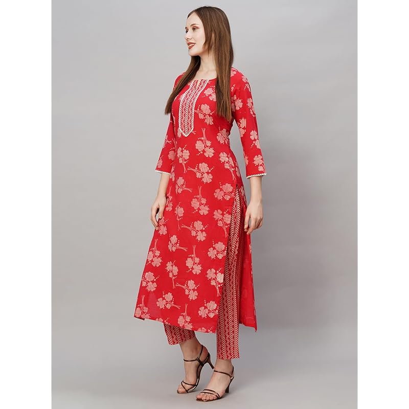ANNI DESIGNER Women s Cotton Blend Printed Straight Kurta with Pant (Lalbagh Red_L_Red_Large) M красный