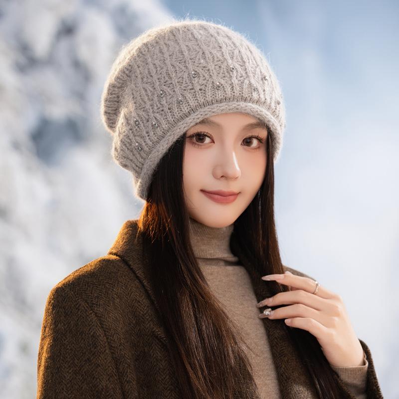 Women's Autumn and Winter Fashion Versatile Big Head Wing Rabbit Fur Warm Hat Korean Style Plus Velvet Thickened Windproof Knitted Wool Hat