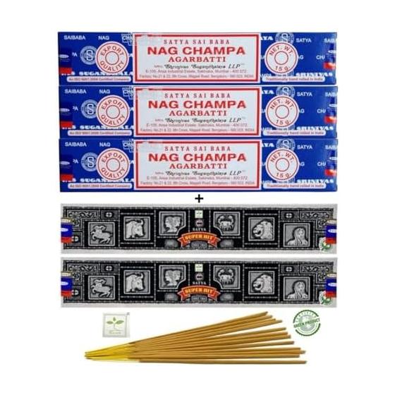 SATYA Sai Baba Nag Champa Incense 3 Boxes + SATYA EARTH Super Hit 2 Box Set | Indian Incense Stick Total 5 Boxes Fresh Aroma