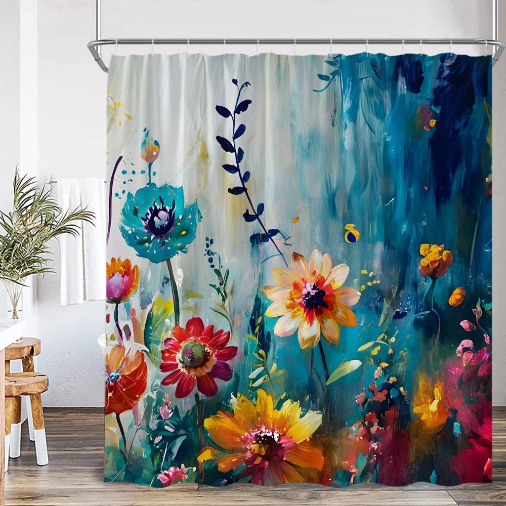 Colorful Boho Floral Shower Curtain Oil Painting Flowers Green Leaf Plant Spring Bathroom Decor Retro Polyester Bathtub Curtain