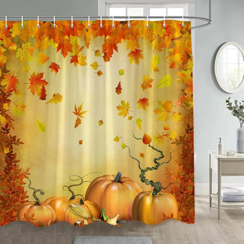 

Fall Maple Leaves Shower Curtains Rustic Farm Sunflowers Pumpkins Haystacks Autumn Thanksgiving Fabric Bathroom Decor With Hooks W60H190(CM)-1 Pcs