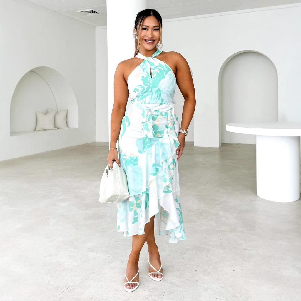 Spring and Summer New Printed Sleeveless Temperament Elegant Printed Split-ended Strap Dress Women