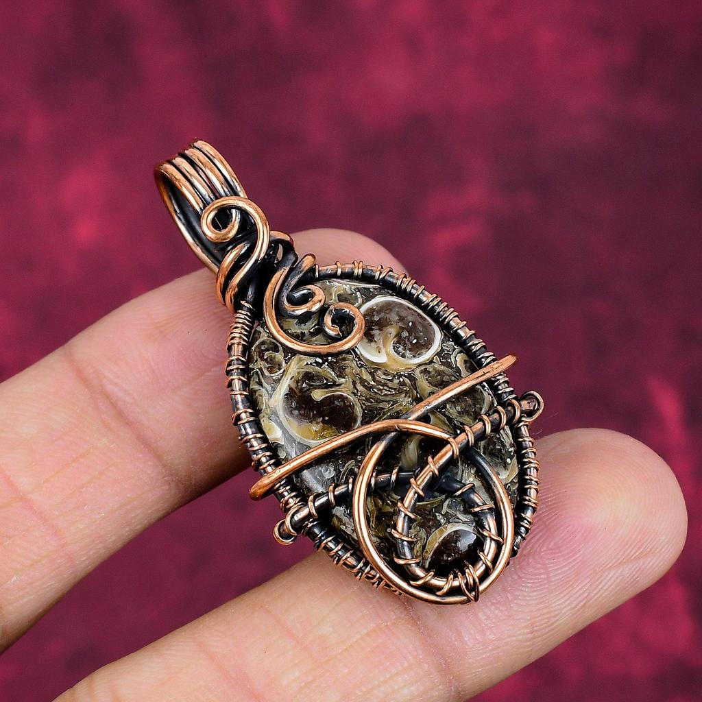 Turritella Agate Gemstone Pendant Copper Wire Wrapped Jewelry Handmade Pendant