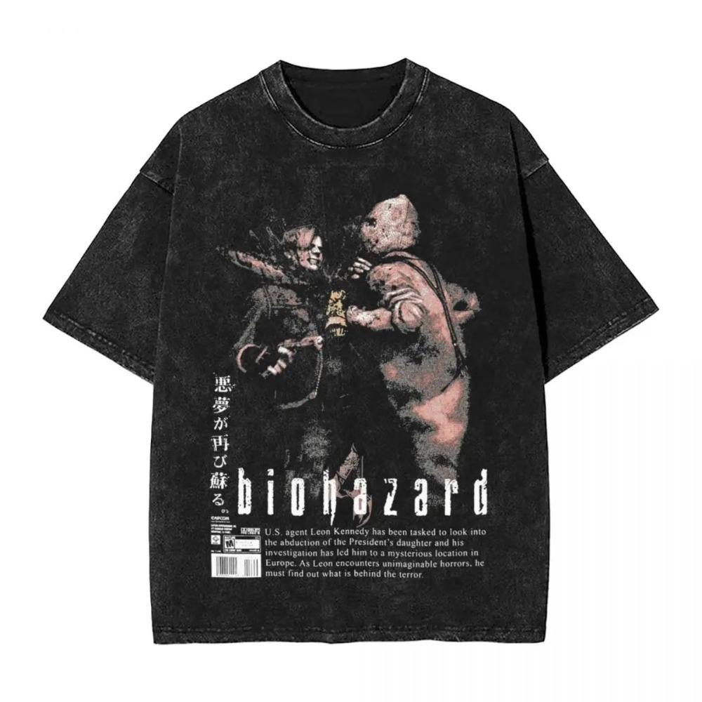 Resident Evil 4 Leon & Ashley Scena Protettiva Vintage Lavata Maglietta da Gioco, Unisex Streetwear per Fan di Survival Horror, 100% Cotone Casual