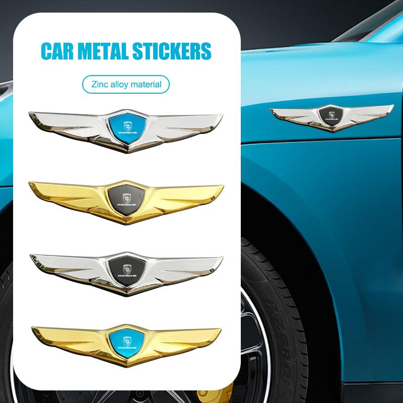 New Wing Shape Zinc Alloy Stickers Car Metal Chromed Emblem Stickers For Porsche Cayenne Panamera Macan Boxster Cayman 718 911 VT6