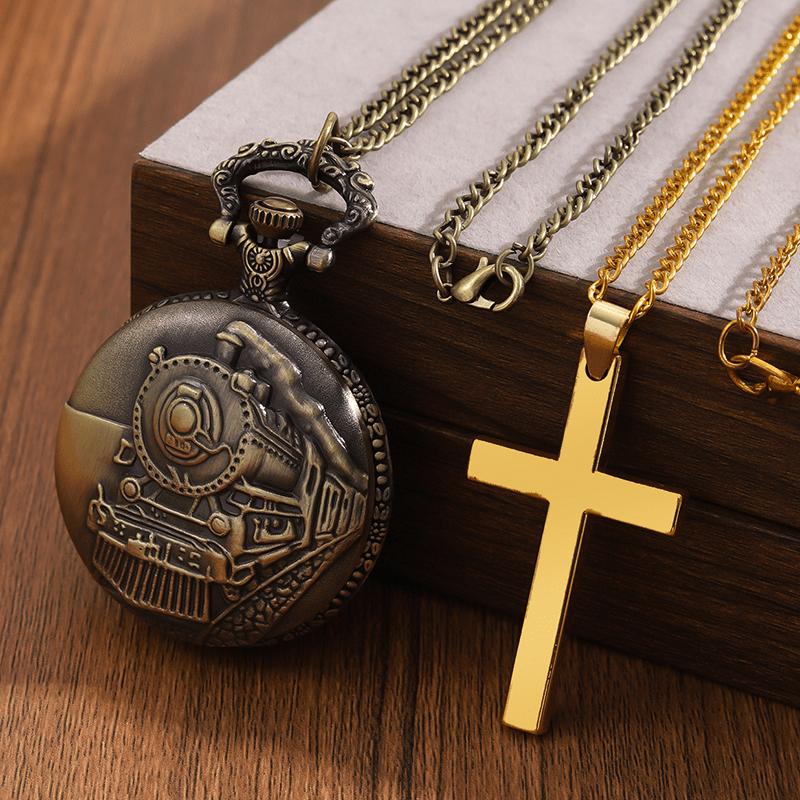 

2 шт./набор, мужские карманные часы 1 шт. мужские ретро модные бронзовые кварцевые карманные часы с ожерельем и 1 шт. классическое золотое ожерелье с крестом, идеально подходит для подарков