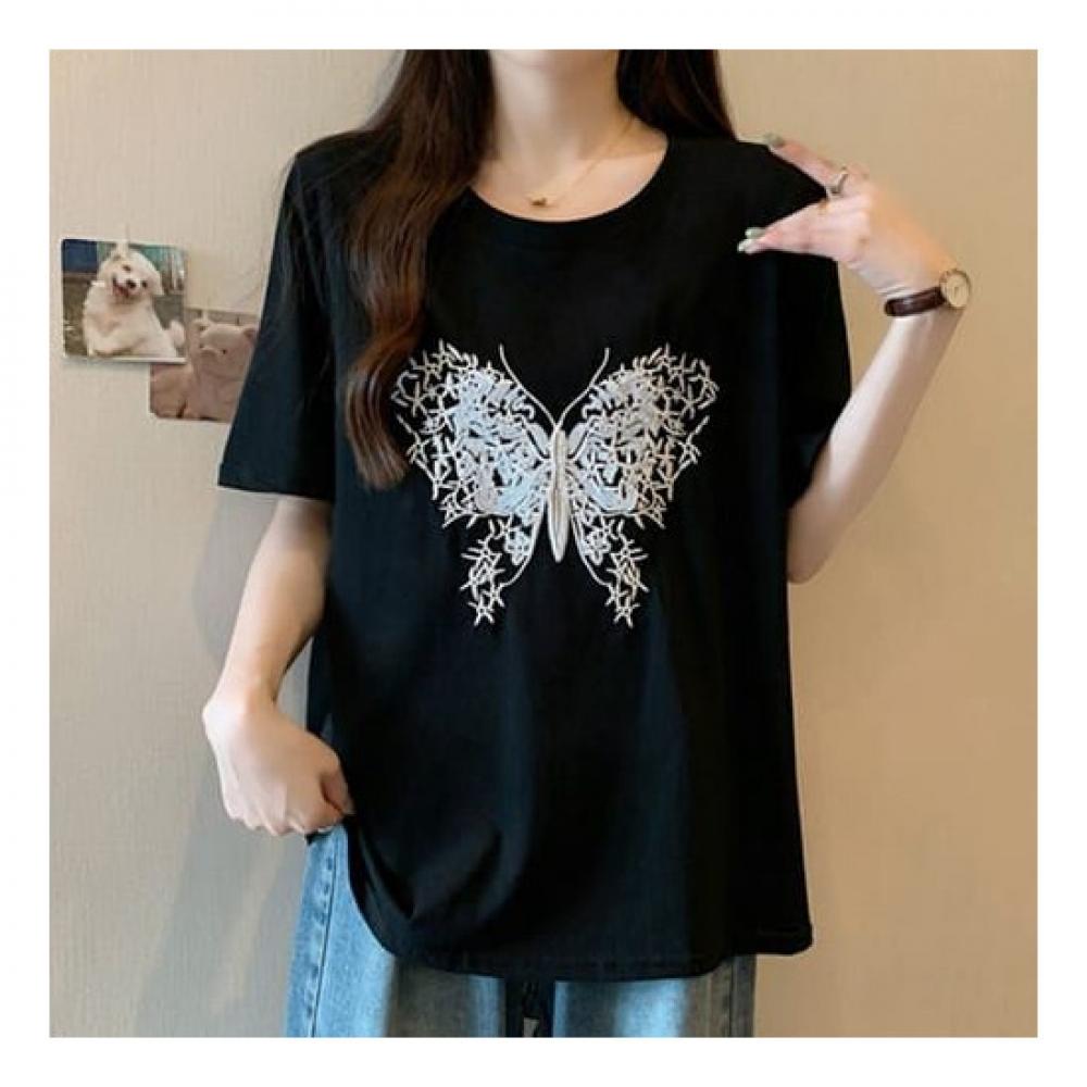Navava Women S BuTTerfly Embroidery ShorT Sleeve Round Neck T ShirT nT1767