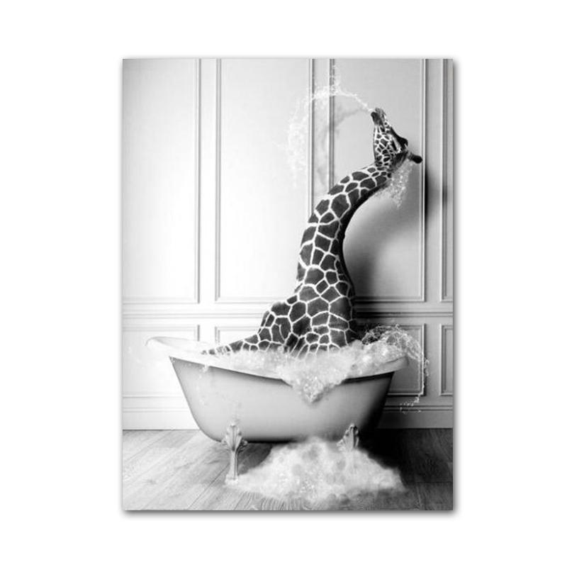 Lustiges Tier-Poster und Drucke, Badezimmer-Kunst, Leinwandgemälde, Giraffe, Baby-Elefant, Bad, Wandkunst, Bilder für Kinderzimmer-Dekoration